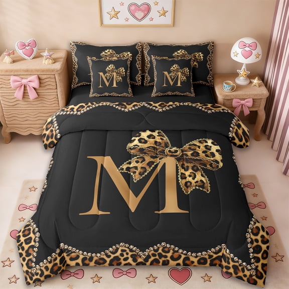 Erosebridal Initial Alphabet M 7pcs Bedding Comforter Set,Kids Brown Cheetah Pattern Bowtie Queen Bedding Sets For Leopard Lovers,Reversible black