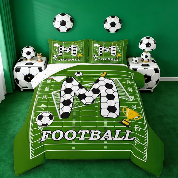 Erosebridal Initial Alphabet M Full Size Comforter Sets,Ball Sport Games Soccer Court Kids Bedding Sets For Boys,Reversible 3pcs