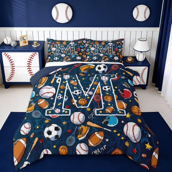 Erosebridal Initial Alphabet M Queen Comforter Set,American Rugby Sport Games Kids Bedding Comforter Set For Boys,Reversible navy blue,3pcs