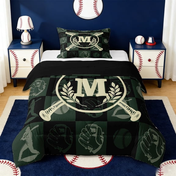 Erosebridal Initial Alphabet M Twin Comforter Sets,Kids Ball Games Bedding Set For Baseball Lover,Reversible black,2 Pieces