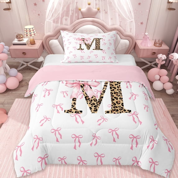 Erosebridal Initial Alphabet M Twin Comforter Sets,Princess Bowknot Wild Cheetah Pattern Bedding Set For Bowtie Girls, Reversible 2pcs
