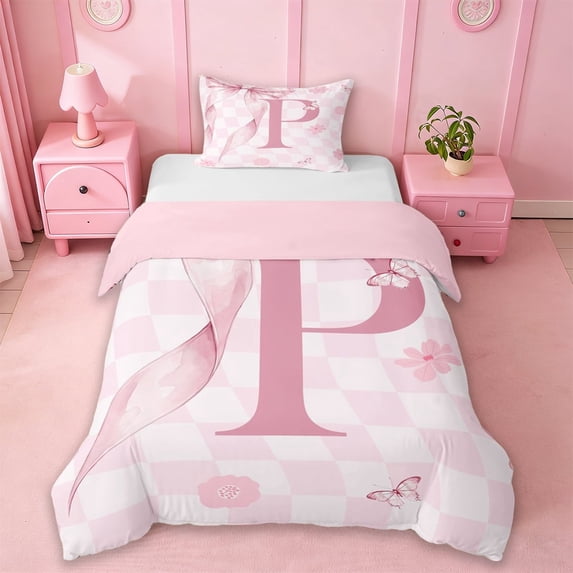 Erosebridal Initial Alphabet P Kids Twin Bedding,Pink Floral Flowers Duvet Cover Set For Bowtie Girls,Reversible pink,2pcs(No Comforter)