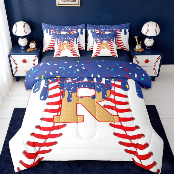 Erosebridal Initial Alphabet R 7 Pieces Bedding Comforter Set,Ice Cream Baseball Kids Full Bedding Set For Ball Games Lover,Reversible navy blue