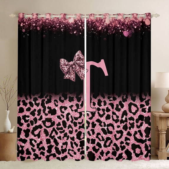 Erosebridal Initial Alphabet T Curtains Pack of 2 (42x84 Each),Wild Cheetah Print Kids Pink Bowknot Curtains Blackout For Leopard Lovers