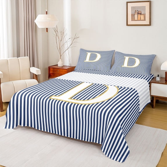 Erosebridal Initial D Letter Kid Bed Sheets, Abstract Stripe King Sheets, 4-Piece
