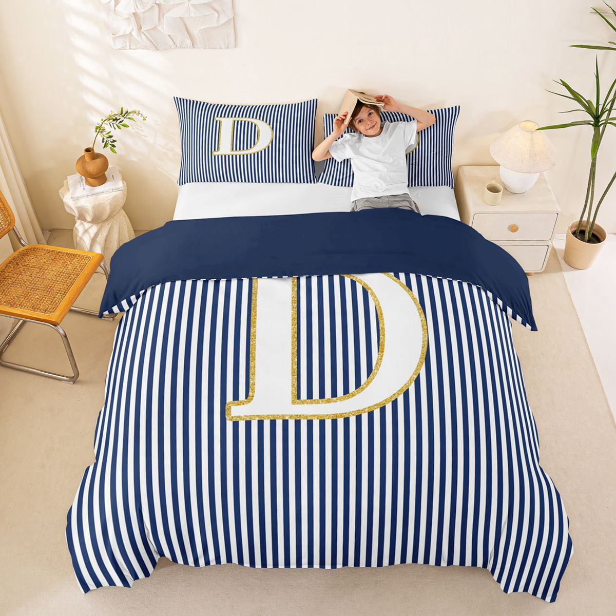 Erosebridal Initial D Letter Kid Queen Duvet Cover Set, Abstract Stripe ...