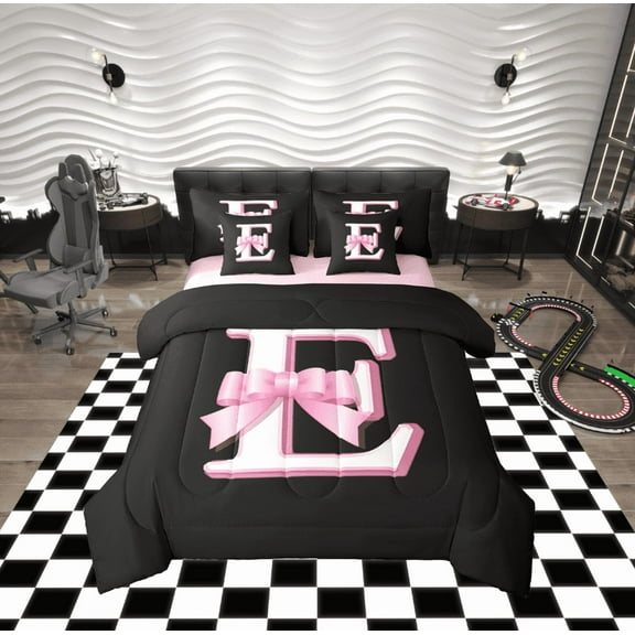 Erosebridal Initial E Letter Bedding Twin Size, Princess Bow Bed in a Bag Twin size, Monogrammed Reversible Bed Set, Microfiber Room Decor, 7 Pieces