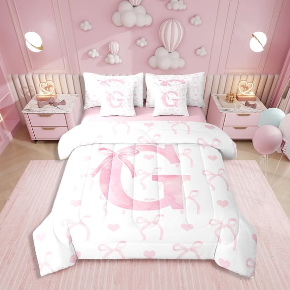 Erosebridal Initial G Letter Bed in a Bag Twin size, Cute Bowknot Bed Set, Dreamy Princess Decor, Reversible 7pcs