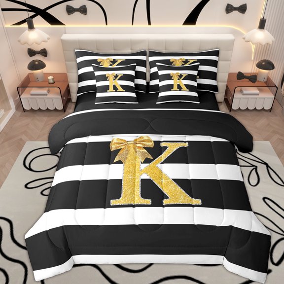 Erosebridal Initial K Letter Bedding Comforter Set 7 Pieces for Kids, Princess Bowknot Full Bedding Set