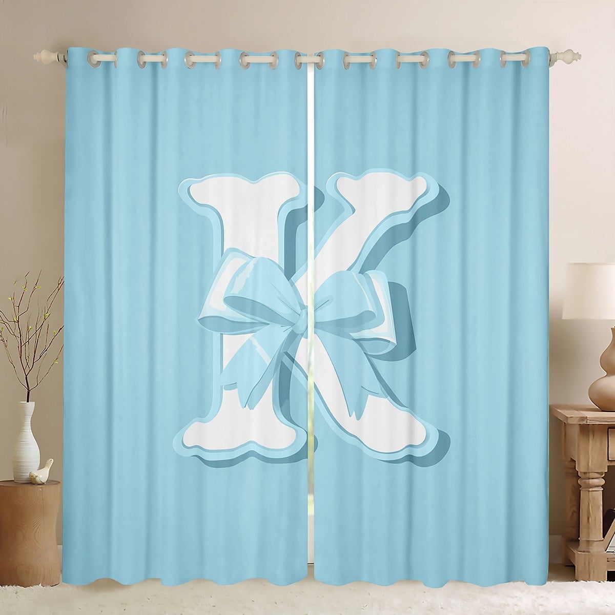 Erosebridal Initial K Letter Curtains and Drapes (38x45), Princess Bow 30%-50% Blackout Curtains for Bedroom, Blue Monogrammed Curtains for Living Room, Window Curtains Room Decor