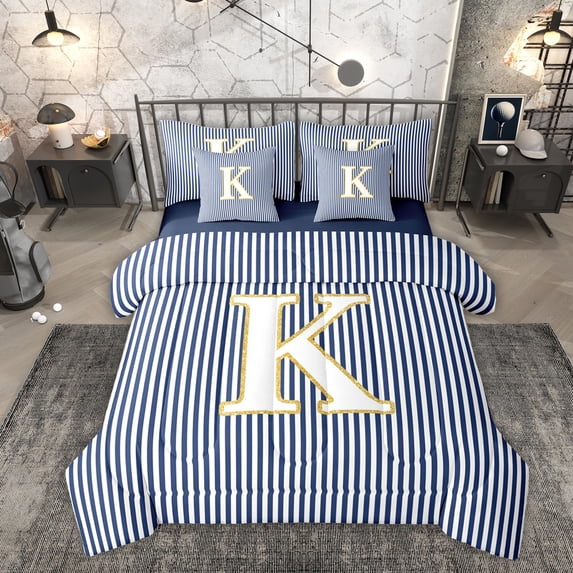 Erosebridal Initial K Letter Kid Bedding Comforter Set 7pcs, Abstract Stripe Queen Bedding Sets