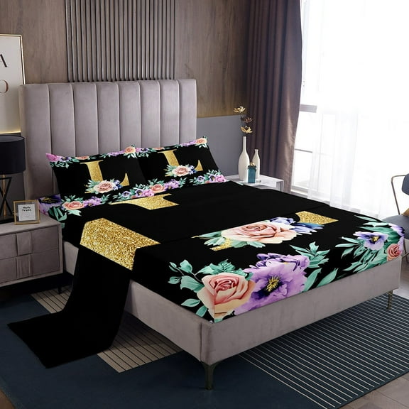 Erosebridal Initial L Letter Bed Sheets Set Twin Size, Princess Rose Bed Sheets Twin, Gold Monogrammed Twin Sheet Sets, Breathable Room Decorative, 3pcs