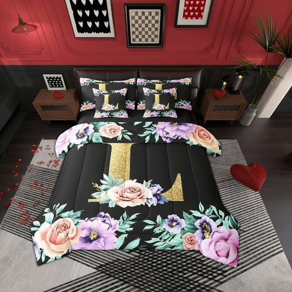 Erosebridal Initial L Letter Bedding, Princess Rose Bed in a Bag, Gold Monogrammed Reversible Bed Set, Breathable Room Decorative, 7pcs