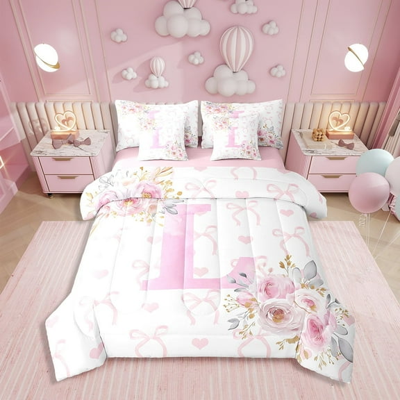 Erosebridal Initial L Letter Bedding Twin Size, Floral Monogrammed Bed in a Bag Twin size, Initial A-Z Decor, Reversible