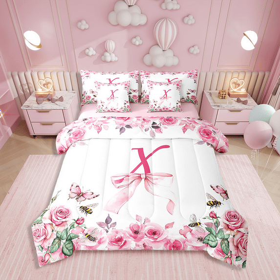 Erosebridal Initial Letter 7 Pieces Bedding Set Bowknot Alphabet King Comforter Set with Sheets Room Decor A-Z Bed in a Bag Pink Rose Bed Set