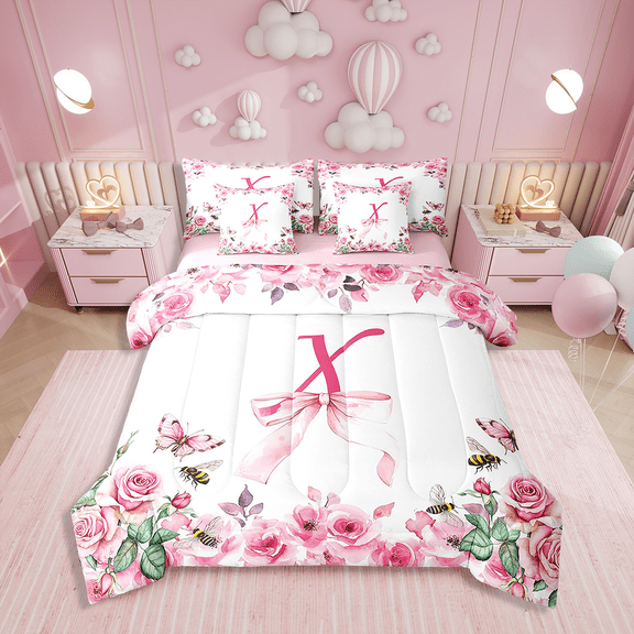 Erosebridal Initial Letter 7 Pieces Bedding Set Bowknot Alphabet Twin Comforter Set with Sheets Room Decor A-Z Bed in a Bag Pink Rose Bed Set
