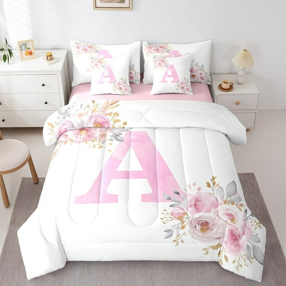Erosebridal Initial Letter A Bedding Full Size, Romantic Rose Bed in a Bag Full size, Girly Fairy Decor, Reversible 7-Piece