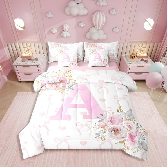 Erosebridal Initial Letter A Bedding Sets Twin Size, Romantic Rose Bedding Accessories, Girly Fairy Decor, Reversible 7-Piece