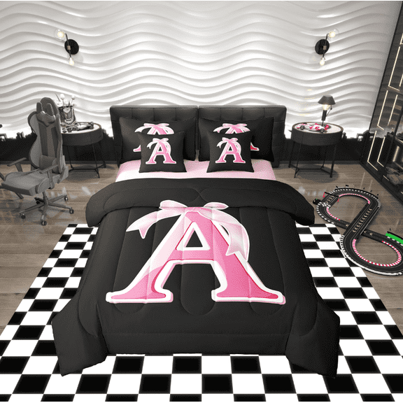 Erosebridal Initial Letter A Bed in a Bag Full size, Black Pink Bed Set, Kawaii Bow-tie Reversible Bedding Full Size, Lightweight Room Decorative, 7pcs