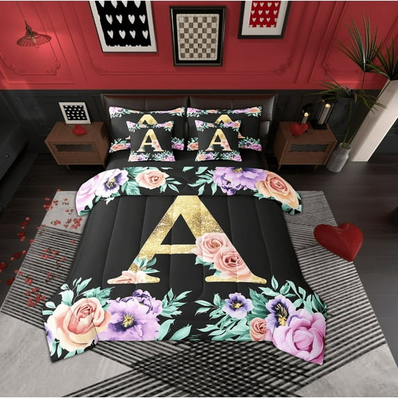 Erosebridal Initial A Letter Bed in a Bag Full size, Princess Rose Bed Set, Gold Monogrammed Reversible Comforter Sets, Breathable Room Decorative, 7pcs
