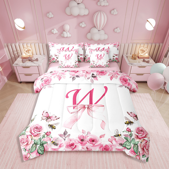 Erosebridal Initial Letter Bedding 7PCS Twin Size Comforter Sets Bowknot Alphabet Bedding Sets A-Z Bed in a Bag,1 Comforter,1 Flat Sheet,1 Fitted Sheet,2 Pillowcases,2 Throw Pillow Covers
