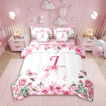 Erosebridal Initial Letter Bedding 7PCS Twin Size Comforter Sets Bowknot Alphabet A-Z Bed in a Bag,1 Comforter,1 Flat Sheet,1 Fitted Sheet,2 Pillowcases,2 Throw Pillow Covers