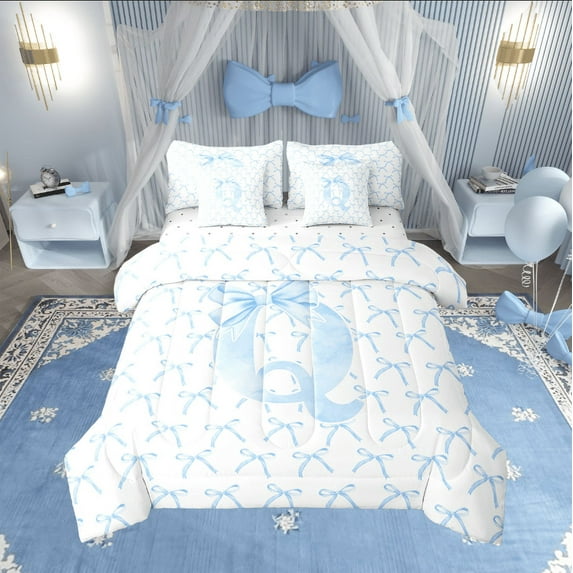 Erosebridal Initial Letter Bedding Queen Size,Monogrammed Bowknot Comforter Sets with Sheets,Kawaii Decoration,Reversible,Lightweight,7 Pieces