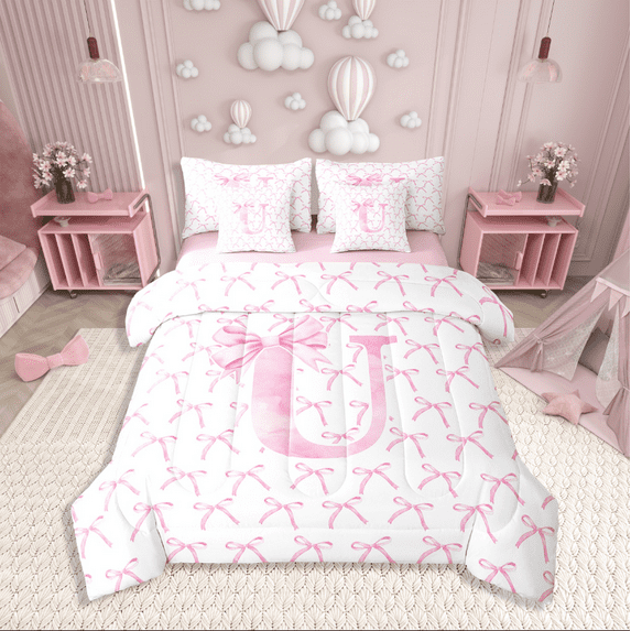 Erosebridal Initial Letter Bedding Sets King Size,Monogrammed Bowknot Bed in a Bag King size,Kawaii Decoration,Reversible,Ultra Soft,7 Pieces