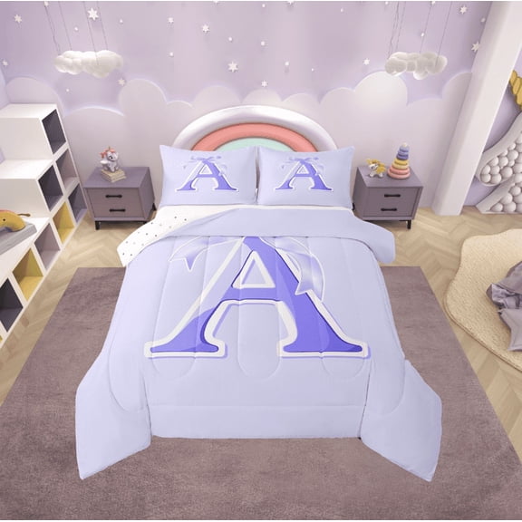 Erosebridal Initial A Letter Bedding Sets Twin with Comforter, Princess Bow Duvet Insert, Purple Monogrammed Reversible Down Comforter, Microfiber Room Decor, 2pcs