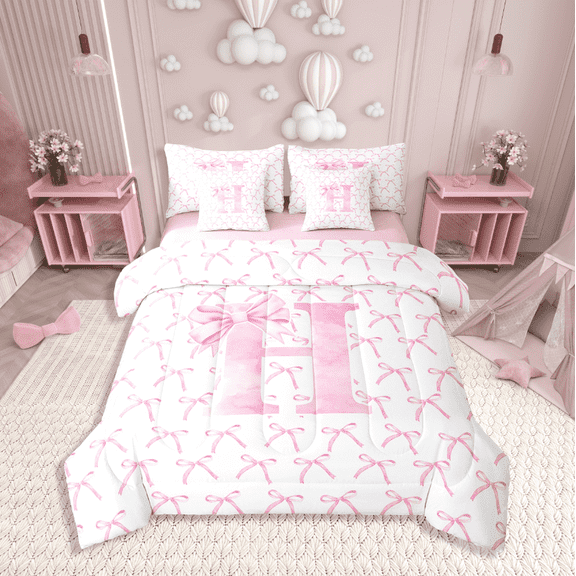 Erosebridal Initial Letter Bedding Sets Twin Size,Monogrammed Bowknot Comforter Sets with Sheets,Kawaii Decoration,Reversible,7pcs