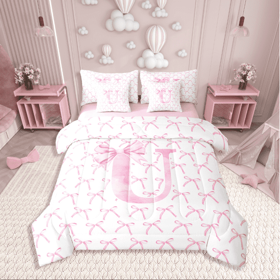 Erosebridal Initial Letter Bedding Sets Twin Size,Monogrammed Bowknot Comforter Sets with Sheets,Kawaii Decoration,Reversible,7pcs