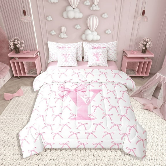Erosebridal Initial Letter Bedding Sets Twin Size,Monogrammed Bowknot Comforter Sets with Sheets,Kawaii Decoration,Reversible,7pcs