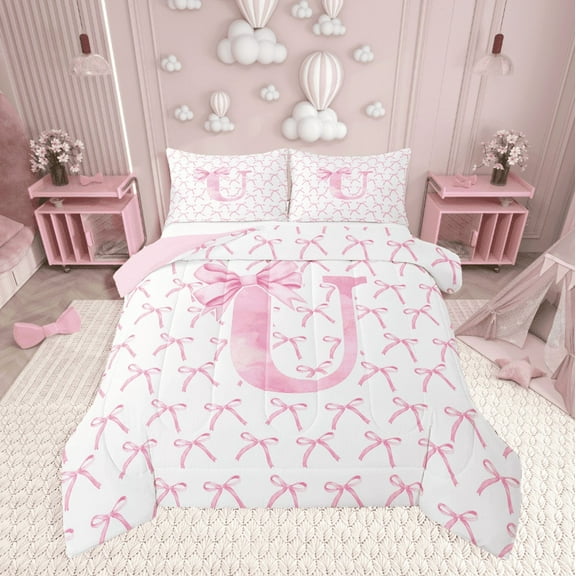 Erosebridal Initial Letter Bedding Twin Comforter Set,Monogrammed Bowknot Down Comforter,Kawaii Decoration,Reversible,Lightweight,2-Piece