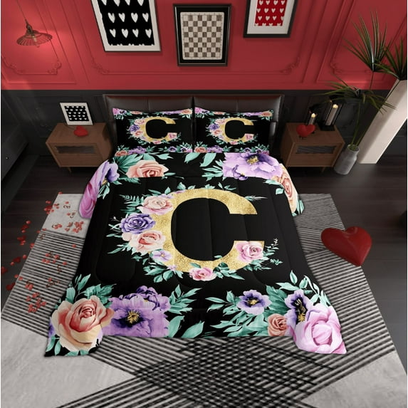 Erosebridal Initial Letter C Bedding Sets Queen with Comforter, Gold Comforter Sets Queen Size, Kawaii Floral Reversible Duvet Insert, Ultra Soft Room Decoration, 3 Pieces
