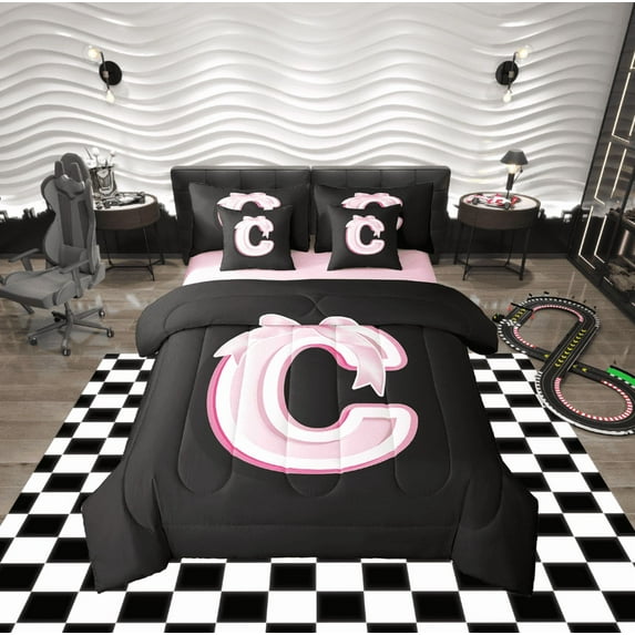 Erosebridal Initial Letter C Bedding Sets Twin Size, Black Pink Comforter Sets with Sheets, Kawaii Bow-tie Reversible Bed Set, Lightweight Room Decorative, 7pcs