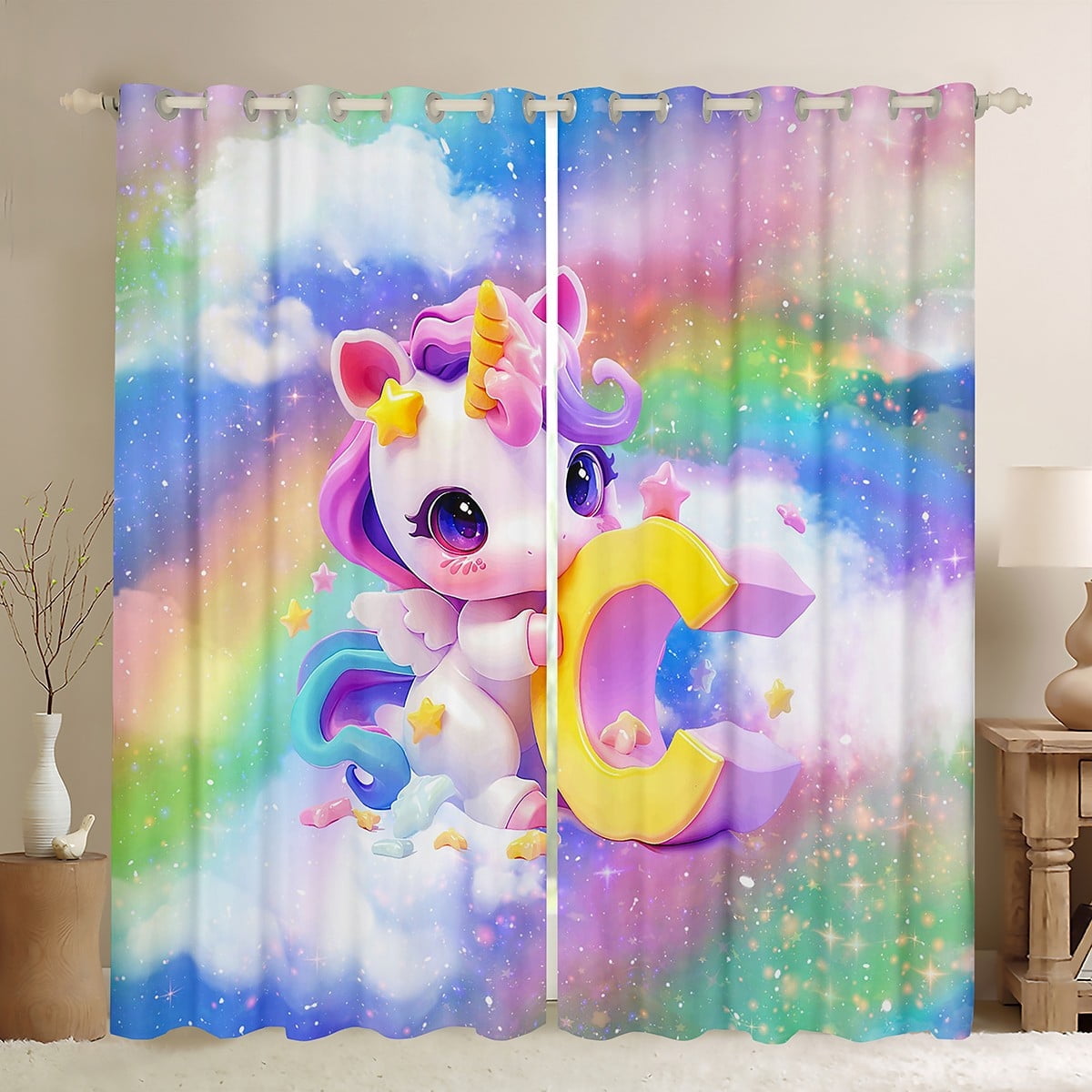 Erosebridal Initial Letter C Curtains for Living Room, Rainbow Unicorn 30%-50% Blackout Curtains Set of 2 (38x54), Monogrammed Curtains and Drapes (38x54), Window Drapes Room Decoration