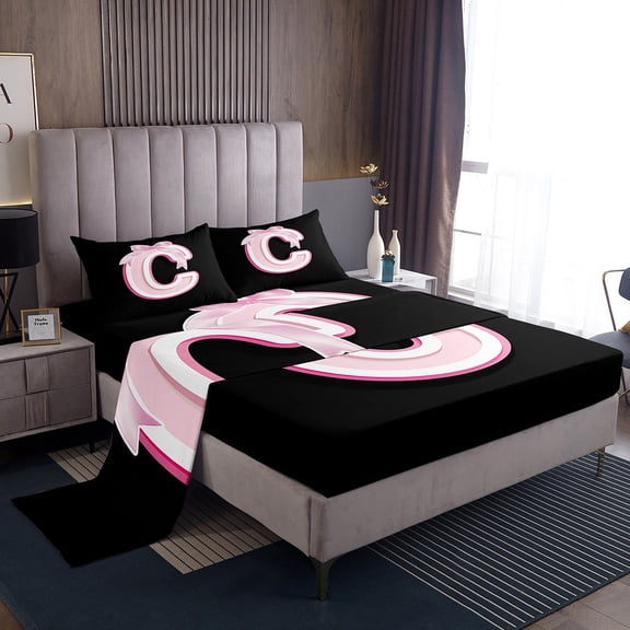 Erosebridal Initial Letter C Sheet Set Twin, Black Pink Bedding Sets Twin Size, Kawaii Bow-tie Reversible Twin Sheet Sets, Lightweight Room Decorative, 3pcs