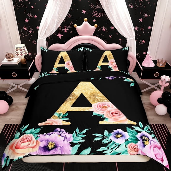 Erosebridal Initial A Letter Comforter Cover Twin, Princess Rose Duvet Cover Twin, Gold Monogrammed Reversible Bedding Twin Size, Breathable Room Decorative, 2pcs(No Comforter)