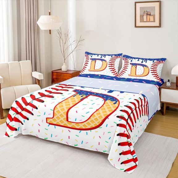 Erosebridal Initial Letter D Queen Sheet Sets for Boy, Cute Ball Print Bed Set, 4pcs