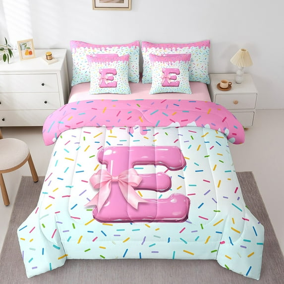 Erosebridal Initial Letter E Bedding Sets Full Size,Bowtie Pattern Comforter Sets with Sheets,Multicolor Sweet Bed in a Bag Full Size For Girls,Breathable Bedroom Decoration Reversible,7-Piece