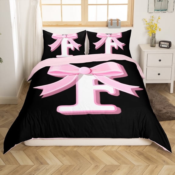 Erosebridal Initial Letter F Comforter Cover Twin, Black Pink Duvet Cover Twin, Kawaii Bow-tie Reversible Bedding Twin Size, Lightweight Room Decorative, 2pcs(No Comforter)