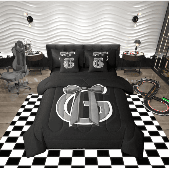 Erosebridal Initial Letter G Bedding Sets King Size, Black Gray Comforter Sets with Sheets, Kawaii Bow-tie Reversible Bed Set, Lightweight Room Decorative, 7 Pieces