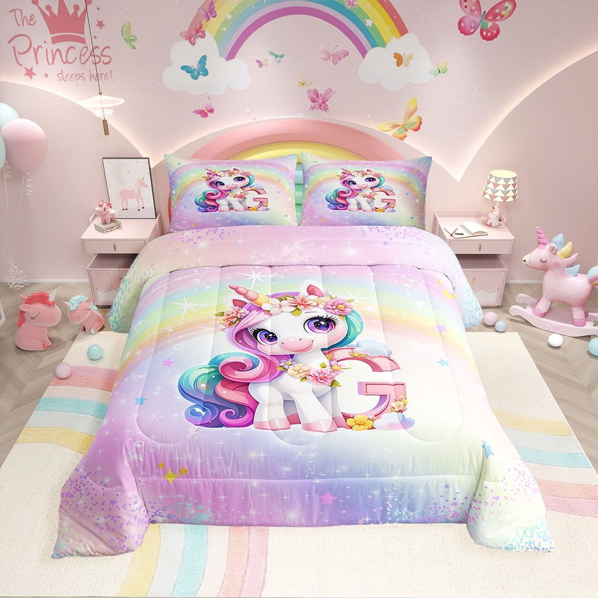 Erosebridal Unicorn Comforter Set Full Size - Watercolor Rainbow Kids Bedding With Pillowcases