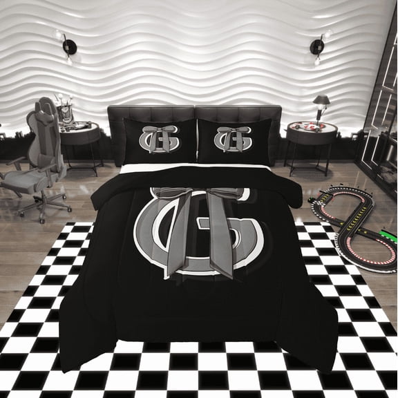 Erosebridal Initial Letter G Bedding Twin Comforter Set, Black Gray Down Comforter, Kawaii Bow-tie Reversible Comforters & Duvets, Lightweight Room Decorative, 2 Pieces