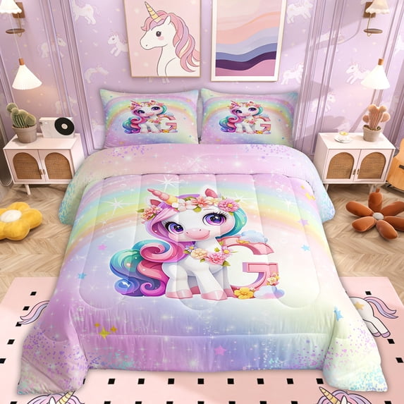 Erosebridal Initial Letter G Comforter Sets Twin Size, Dreamy Unicorn Comforters & Duvets, Glitter Stars Decor, Reversible 2pcs