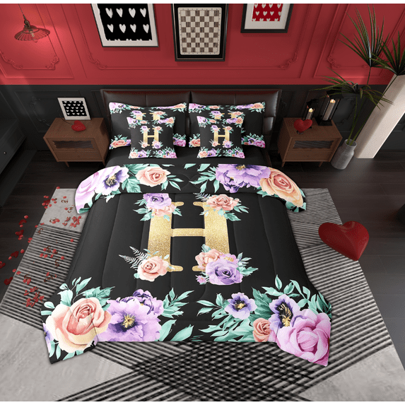Erosebridal Initial Letter H Bed in a Bag, Floral Flower Bed Set, Monogrammed Reversible Comforter Sets, Ultra Soft Bedroom Decoration, 7pcs