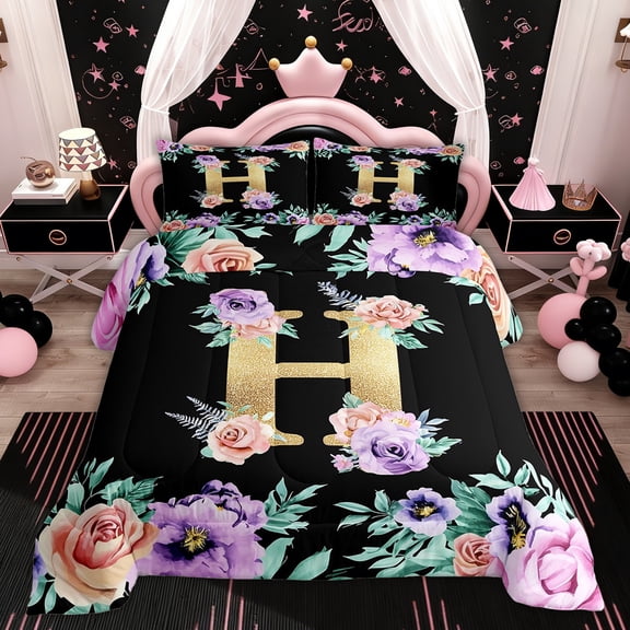 Erosebridal Initial Letter H Bedding Sets Twin with Comforter, Floral Flower Comforter Sets Twin Size, Monogrammed Reversible Duvet Insert, Ultra Soft Bedroom Decoration, 2pcs
