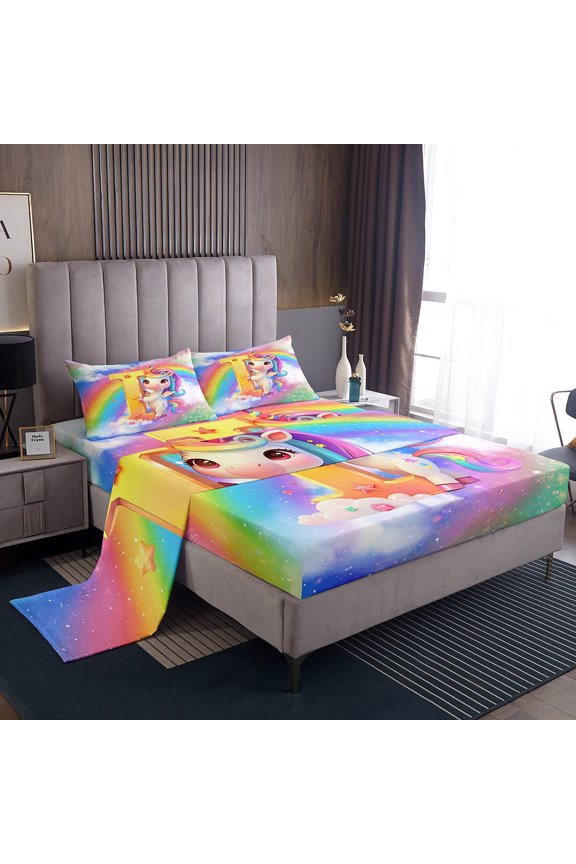 Initial Letter I Sheet Set Twin, Rainbow Unicorn Bedding Sets Twin Size, Monogrammed Twin Sheet Sets, Super Cozy Room Decoration, 3pcs