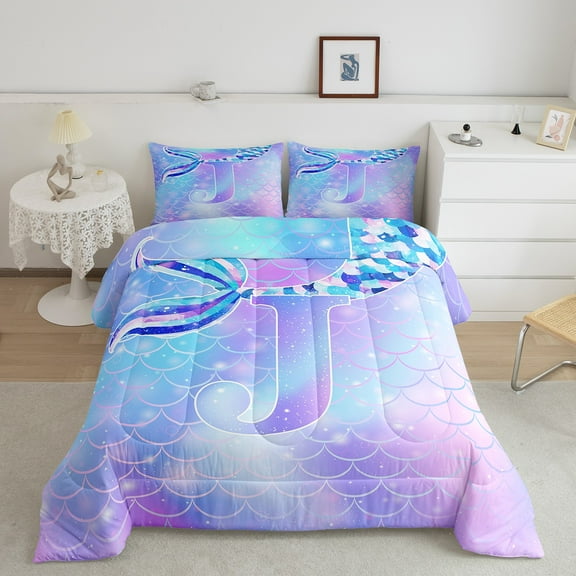 Erosebridal Initial Letter J Bedding Queen Comforter Set, Kawaii Mermaid Down Comforter, Dreamy Princess Decor, Reversible