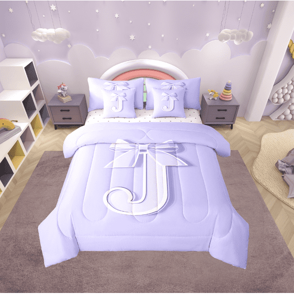 Erosebridal Initial Letter J Bedding Sets Twin Size, Purple Comforter Sets with Sheets, Kawaii Bow-tie Reversible Bed Set, Lightweight Room Decorative, 7 Pieces